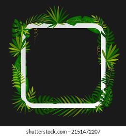 Tropical Square Paper Frame Palm Leaf Flat Style. Luxury Dark Minimalist Card Invitation Nightclub Party Important Event. Summer Jungle Green Leafy Template Advertising Web Beauty Hotel Isolated Black