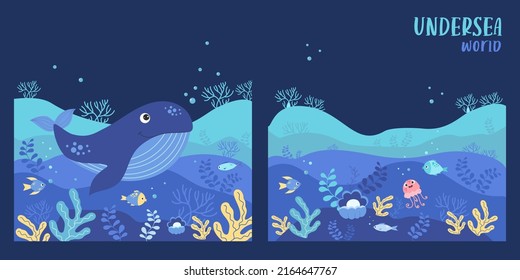 Tropical square poster collection with blue whale and seabed, underwater world landscape, plants, jellyfish and fish, corals, pearls. Vector illustration with transparent background for design, decor