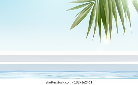 Tropical stage for product display in 3d illustration, white stair stage with sea, palm leaves and sunshine design elements