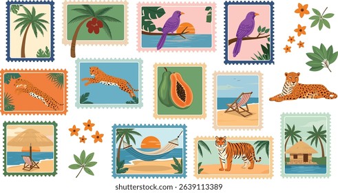 Tropical stamps seamless pattern. Vacation background. Cute travel framed pictures. Vector patchwork print.