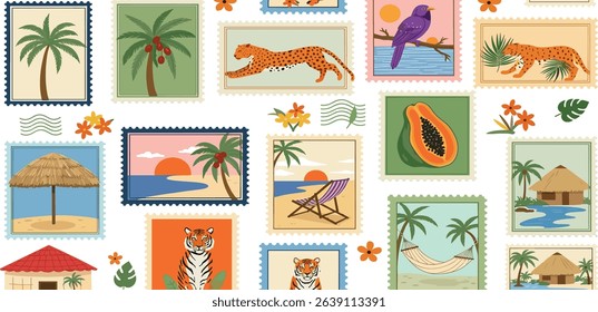 Tropical stamps seamless pattern. Vacation background. Cute travel framed pictures. Vector patchwork print.