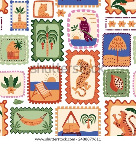 Tropical stamps seamless pattern. Vacation background. Cute travel framed pictures. Vector patchwork print. Palm tree, jungle animal, ocean vibes, cabins. Summer holiday wallpaper, textile design.