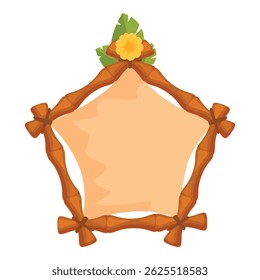 Tropical star shaped frame made of bamboo sticks, decorated with palm leaves and flower, featuring a blank space perfect for adding text or images