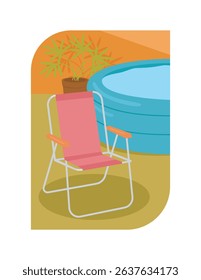 Tropical staycation illustration. Beach chair and inflatable pool vector.
