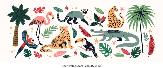 Tropical stickers. Wild animals, exotic plants, crocodile, lemur, leopand, parrot, monstera leaves, flowers. Cartoon doodle jungle stickers in retro style