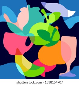 Tropical Stil Life. Seamless vector pattern with fruits, glass, cup and kettle. Summer swimwear textile collection. Colorful on dark.