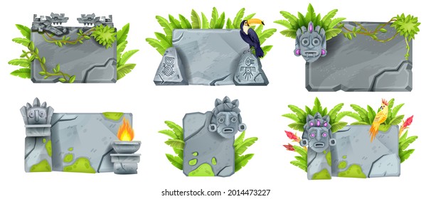 Juego de tablero de anuncios de piedra tropical, tablero de rock de interfaz de usuario de juego vector maya, cara de tótem de la jungla azteca, máscara tiki, toucan. Kit de bloques cuadrados rojos y rotos, rocas de granito antiguas en blanco. Banderas de señalización de piedra maya clípedo