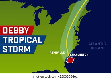 Tormenta tropical Debby mapa de movimiento. Pronóstico y pista. Ilustración vectorial.