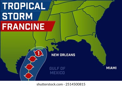 Tropensturm Francine. Wettermappe Vorhersage. Gegründet im Golf von Mexiko, an der Südküste der USA. Vektorgrafik.