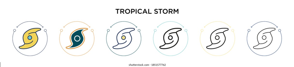 Tropical storm icon in filled, thin line, outline and stroke style. Vector illustration of two colored and black tropical storm vector icons designs can be used for mobile, ui, web