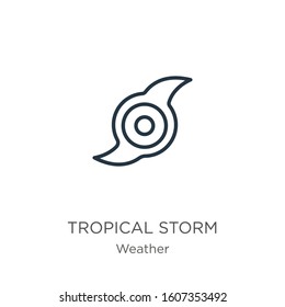 Tropical storm icon. Thin linear tropical storm outline icon isolated on white background from weather collection. Line vector sign, symbol for web and mobile