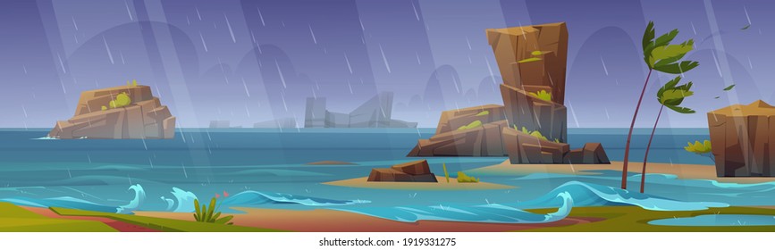 Tropical Storm On Ocean Beach With Palm Trees Bending And Rocks Around. Hurricane Rage On Sea With Splashing Waves And Rain Shower Falling From Dark Sky, Nature Disaster, Cartoon Vector Illustration