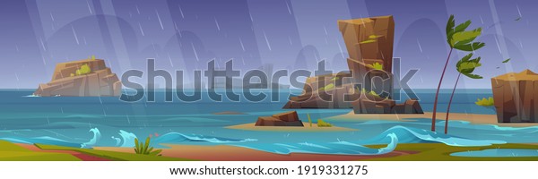 Tropical storm on ocean beach with palm\
trees bending and rocks around. Hurricane rage on sea with\
splashing waves and rain shower falling from dark sky, nature\
disaster, Cartoon vector\
illustration