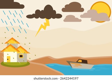 Tropical Storm Scene with Rain, Boat, and Thunderclouds