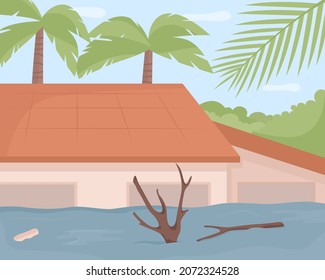 Tropical storms flat color vector illustration. Hurricane landfall consequences. Dangerous sea-level rise. Experiencing overland flooding 2D cartoon cityscape with palm trees on background
