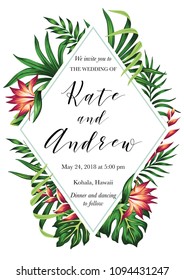 Tropical strelitzia floral palm leaves wedding invitation. Rectangle vector card.
