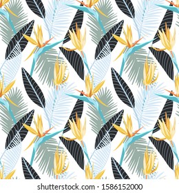 Tropical strelitzia flowers pattern, Bird of paradise, jungle leaves, seamless pattern, exotic tropic floral print background