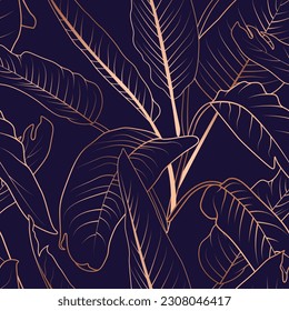 Tropical strelitzia gold copper leaves, banana palm leaves, dark blue background. Vector  seamless pattern. Jungle foliage illustration. Exotic plants. Summer beach floral design. Paradise nature
