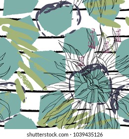 Tropical, stripe, animal motif. Seamless pattern line and crackle textures. Modern summer leaf on abstract shape brush. Contrast vector background. Watercolor blobs and daubs, ink and stains.