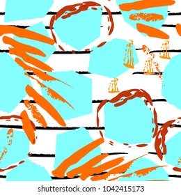 Tropical, stripe, animal motif. Seamless pattern line and crackle textures. Modern summer leaf on abstract shape brush. Contrast vector background. Watercolor blobs and daubs, ink and stains.