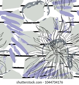 Tropical, stripe, animal motif. Seamless pattern line and crackle textures. Modern summer leaf on abstract shape brush. Contrast vector background. Watercolor blobs and daubs, ink and stains.