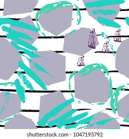 Tropical, stripe, animal motif. Seamless pattern line and crackle textures. Modern summer leaf on abstract shape brush. Contrast vector background. Watercolor blobs and daubs, ink and stains.