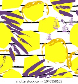Tropical, stripe, animal motif. Seamless pattern line and crackle textures. Modern summer leaf on abstract shape brush. Contrast vector background. Watercolor blobs and daubs, ink and stains.