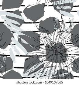 Tropical, stripe, animal motif. Seamless pattern line and crackle textures. Modern summer leaf on abstract shape brush. Contrast vector background. Watercolor blobs and daubs, ink and stains.