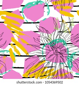 Tropical, stripe, animal motif. Seamless pattern line and crackle textures. Modern summer leaf on abstract shape brush. Contrast vector background. Watercolor blobs and daubs, ink and stains.