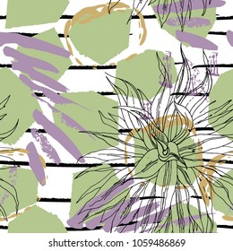 Tropical, stripe, animal motif. Seamless pattern line and crackle textures. Modern summer leaf on abstract shape brush. Contrast vector background. Watercolor blobs and daubs, ink and stains.