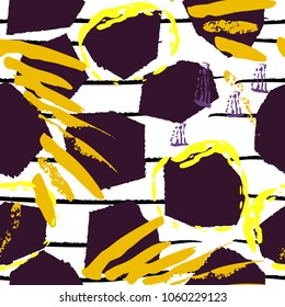 Tropical, stripe, animal motif. Seamless pattern line and crackle textures. Modern summer leaf on abstract shape brush. Contrast vector background. Watercolor blobs and daubs, ink and stains.