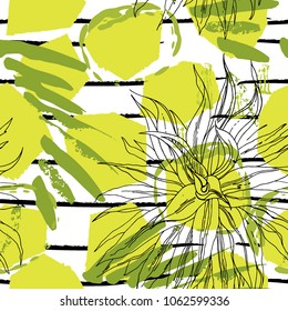 Tropical, stripe, animal motif. Seamless pattern line and crackle textures. Modern summer leaf on abstract shape brush. Contrast vector background. Watercolor blobs and daubs, ink and stains.