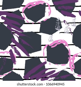 Tropical, stripe, animal motif. Seamless pattern line and crackle textures. Modern summer leaf on abstract shape brush. Contrast vector background. Watercolor blobs and daubs, ink and stains.