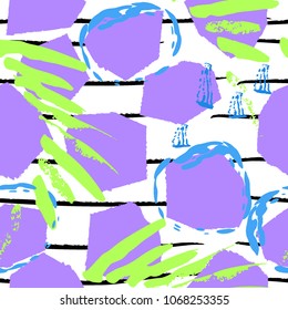 Tropical, stripe, animal motif. Seamless pattern line and crackle textures. Modern summer leaf on abstract shape brush. Contrast vector background. Watercolor blobs and daubs, ink and stains.