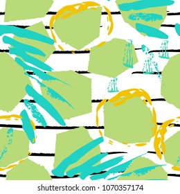 Tropical, stripe, animal motif. Seamless pattern line and crackle textures. Modern summer leaf on abstract shape brush. Contrast vector background. Watercolor blobs and daubs, ink and stains.