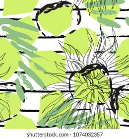 Tropical, stripe, animal motif. Seamless pattern line and crackle textures. Modern summer leaf on abstract shape brush. Contrast vector background. Watercolor blobs and daubs, ink and stains.