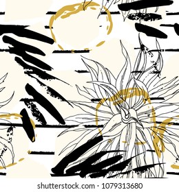 Tropical, stripe, animal motif. Seamless pattern line and crackle textures. Modern summer leaf on abstract shape brush. Contrast vector background. Watercolor blobs and daubs, ink and stains.
