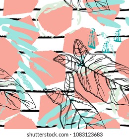 Tropical, stripe, animal motif. Seamless pattern line and crackle textures. Modern summer leaf on abstract shape brush. Contrast vector background. Watercolor blobs and daubs, ink and stains.