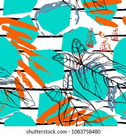 Tropical, stripe, animal motif. Seamless pattern line and crackle textures. Modern summer leaf on abstract shape brush. Contrast vector background. Watercolor blobs and daubs, ink and stains.