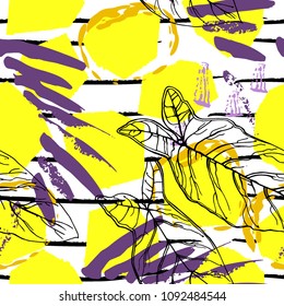 Tropical, stripe, animal motif. Seamless pattern line and crackle textures. Modern summer leaf on abstract shape brush. Contrast vector background. Watercolor blobs and daubs, ink and stains.