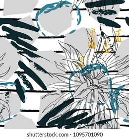 Tropical, stripe, animal motif. Seamless pattern line and crackle textures. Modern summer leaf on abstract shape brush. Contrast vector background. Watercolor blobs and daubs, ink and stains.