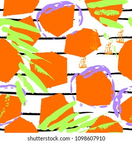 Tropical, stripe, animal motif. Seamless pattern line and crackle textures. Modern summer leaf on abstract shape brush. Contrast vector background. Watercolor blobs and daubs, ink and stains.