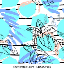 Tropical, stripe, animal motif. Seamless pattern line and crackle textures. Modern summer leaf on abstract shape brush. Contrast vector background. Watercolor blobs and daubs, ink and stains.
