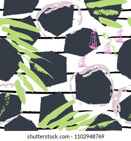 Tropical, stripe, animal motif. Seamless pattern line and crackle textures. Modern summer leaf on abstract shape brush. Contrast vector background. Watercolor blobs and daubs, ink and stains.