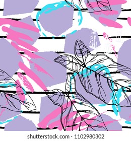 Tropical, stripe, animal motif. Seamless pattern line and crackle textures. Modern summer leaf on abstract shape brush. Contrast vector background. Watercolor blobs and daubs, ink and stains.