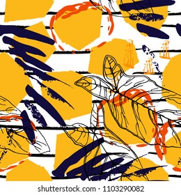 Tropical, stripe, animal motif. Seamless pattern line and crackle textures. Modern summer leaf on abstract shape brush. Contrast vector background. Watercolor blobs and daubs, ink and stains.
