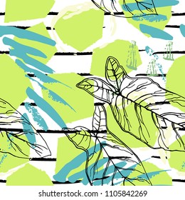 Tropical, stripe, animal motif. Seamless pattern line and crackle textures. Modern summer leaf on abstract shape brush. Contrast vector background. Watercolor blobs and daubs, ink and stains.