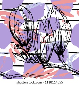 Tropical, stripe, animal motif. Seamless pattern line and crackle textures. Modern summer flower, leaf on abstract shape brush. Contrast vector background. Watercolor blobs and daubs, ink and stains.