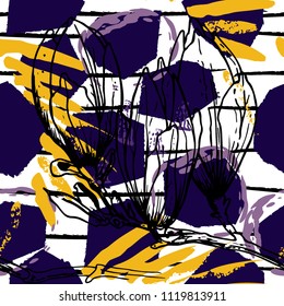 Tropical, stripe, animal motif. Seamless pattern line and crackle textures. Modern summer flower, leaf on abstract shape brush. Contrast vector background. Watercolor blobs and daubs, ink and stains.