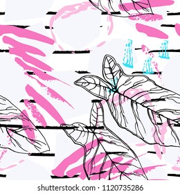 Tropical, stripe, animal motif. Seamless pattern line and crackle textures. Modern summer leaf on abstract shape brush. Contrast vector background. Watercolor blobs and daubs, ink and stains.